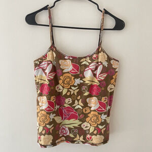 Y2K Floral Cami Top Brown Pink Rose Print Stretchy Tank Boho Fairycore M 2000s